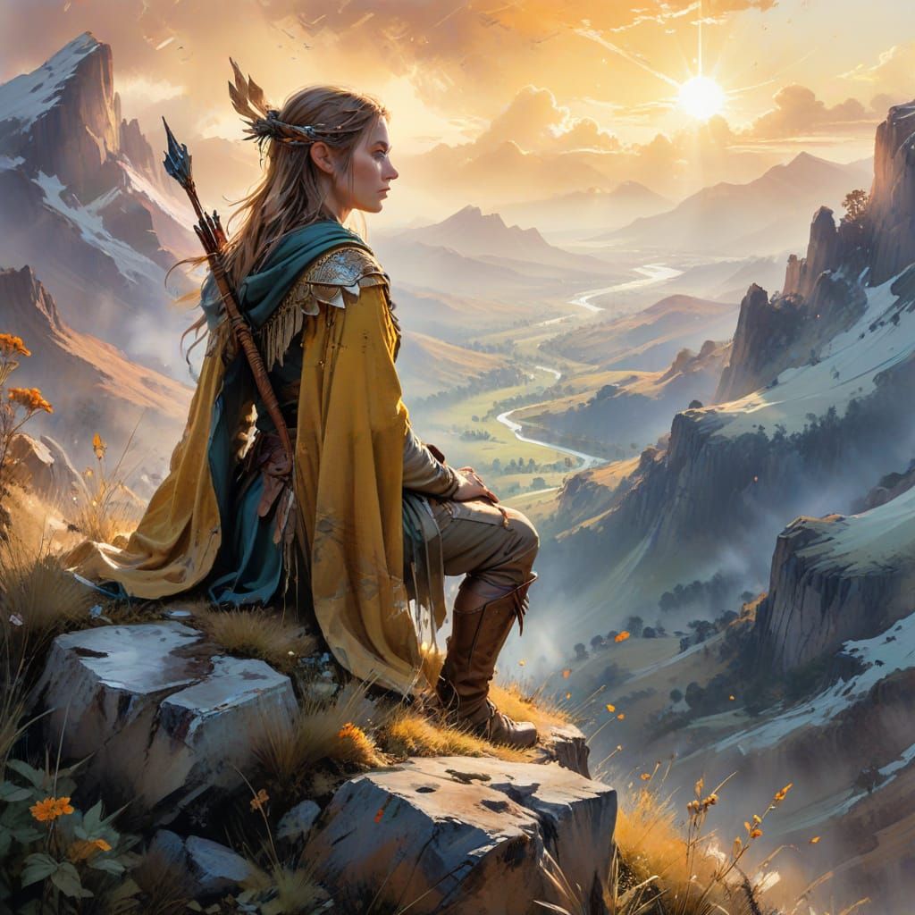 Elven Scout Overlooking Misty Valley: Watercolor Style