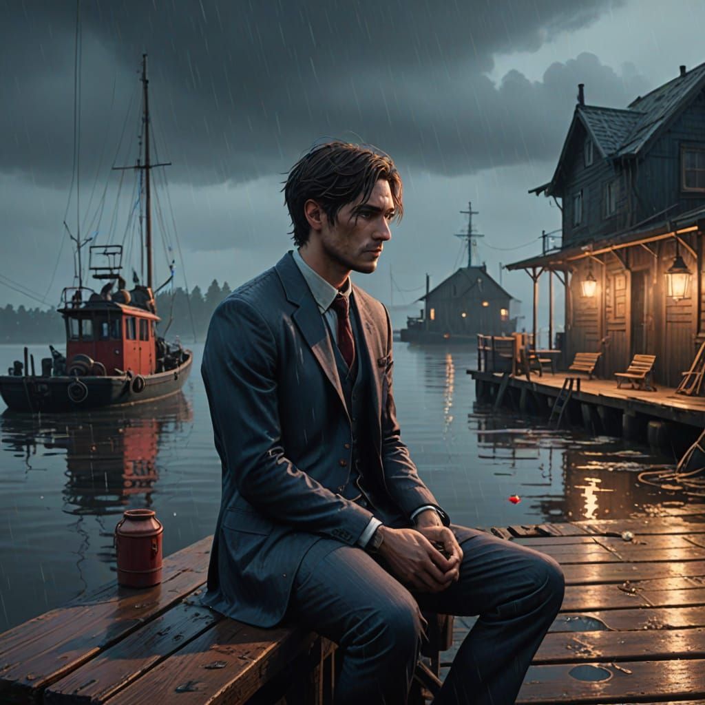 Melancholic Boy Lost in Thought on Rainy Docks