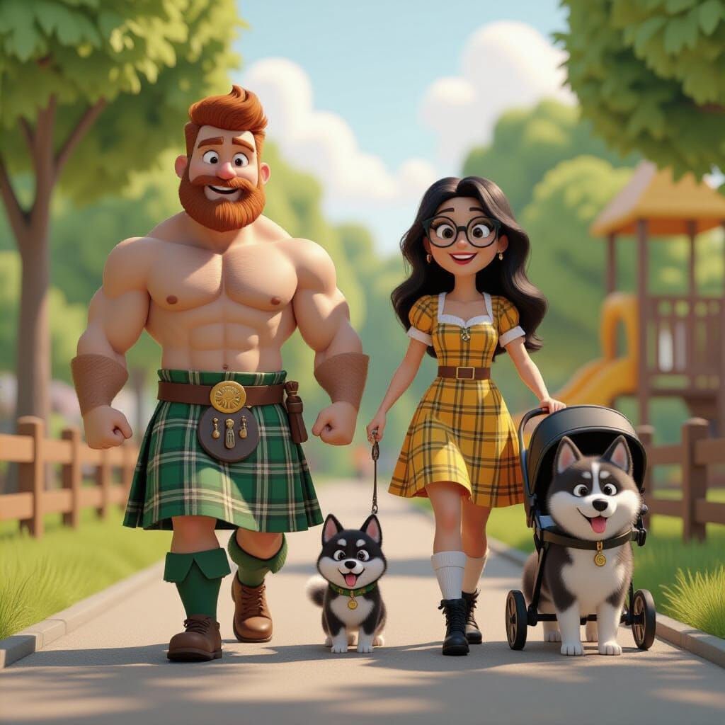 Emotional Scotsman in Pixar-Inspired Park Scene