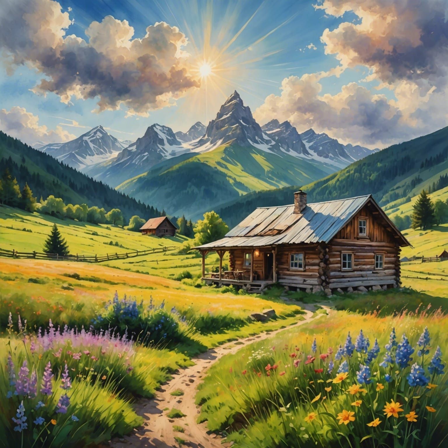 Cosy Reunion in Mountain Pasture: Watercolour Painting