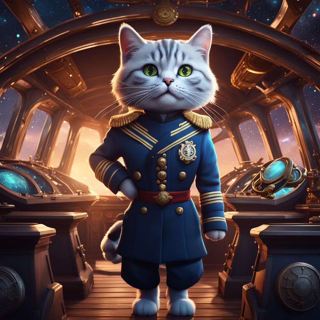 Cat Admiral Sailing a Spaceship: Fantasy Concept Art