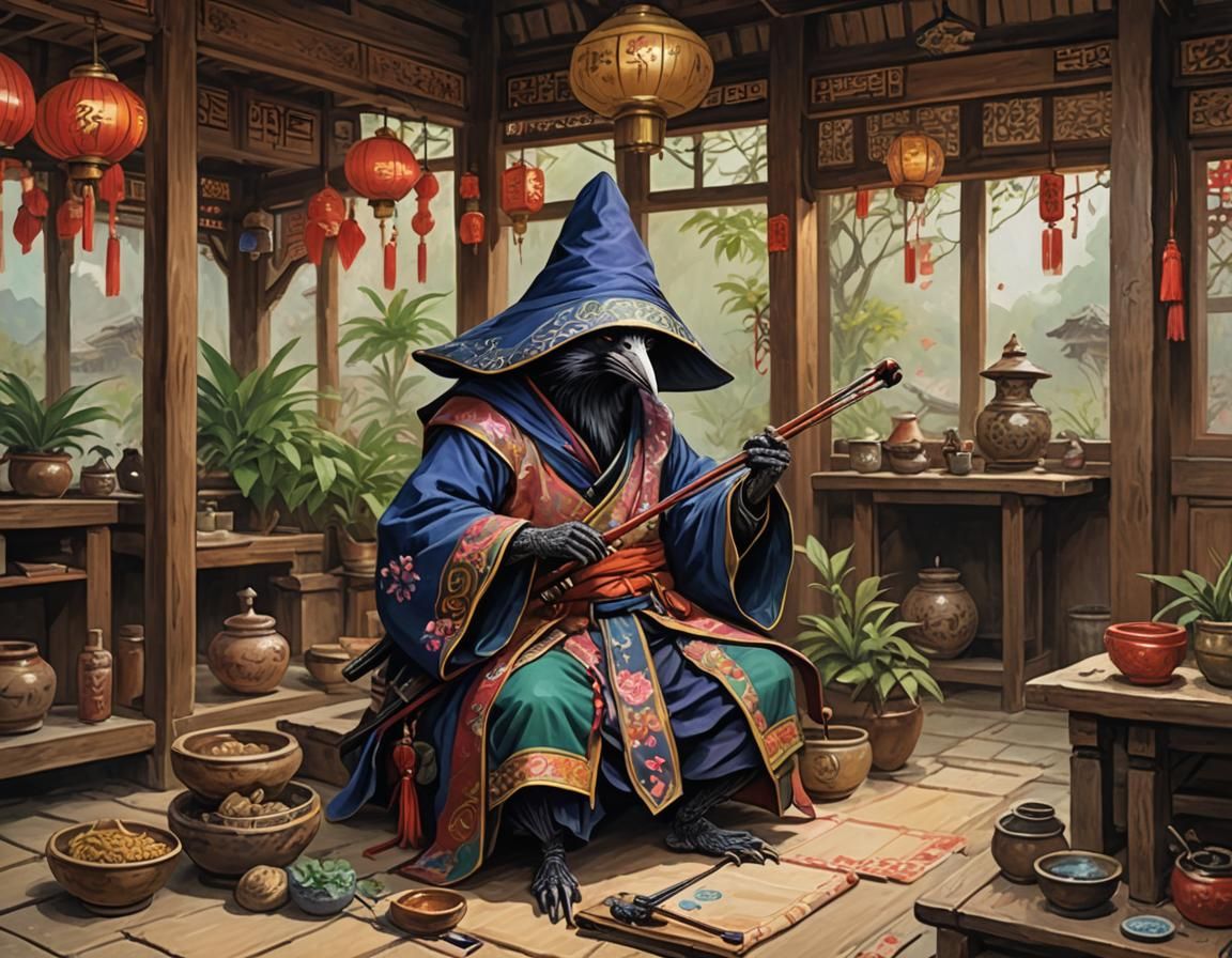 Kenku Musician in Chinese Teahouse, Fantasy Art