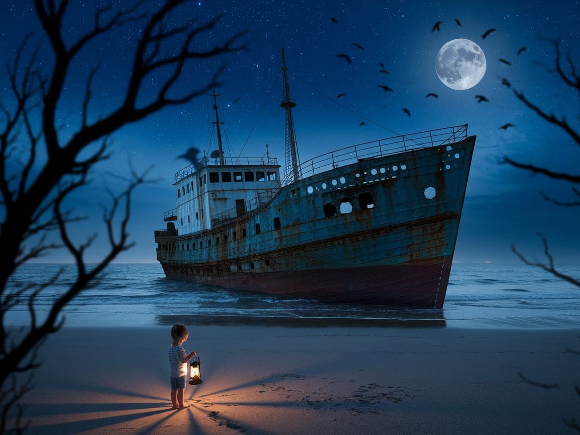 Twilight Shipwreck on Deserted Beach in Moody, Impressionist...