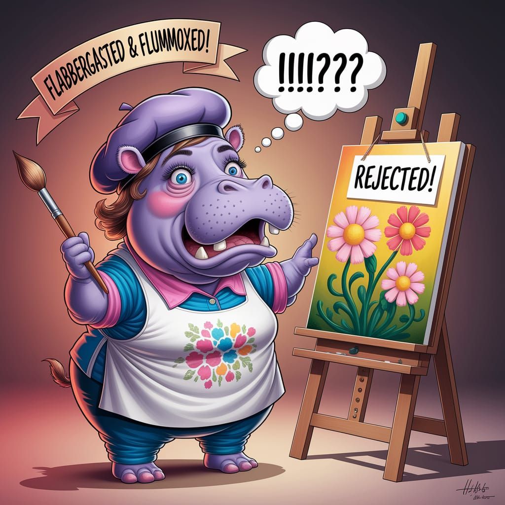 Flabbergasted Hippo Artist in Exaggerated Caricature Style
