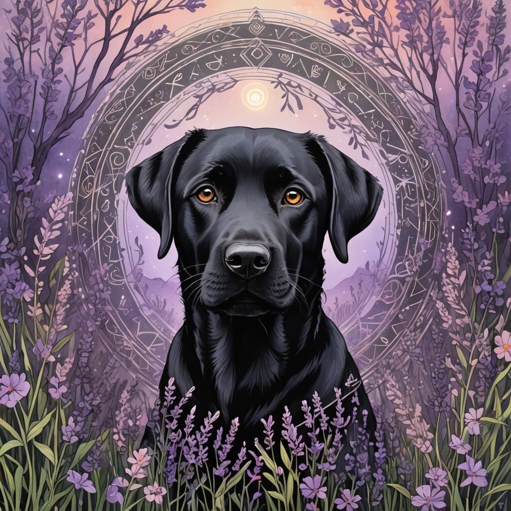 Labrador Face in Black Ink with Dreamy Lavender Eyes
