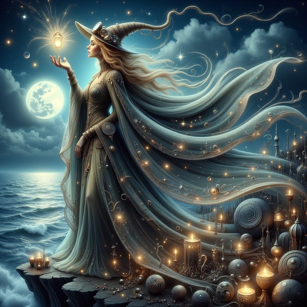 Steampunk Witch Ritual Under Moonlight