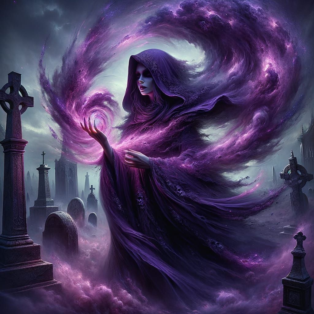 Dark Fantasy Sorceress in a Haunting Graveyard Scene