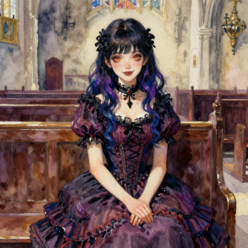 Gothic Woman in Church, Watercolor and Gouache
