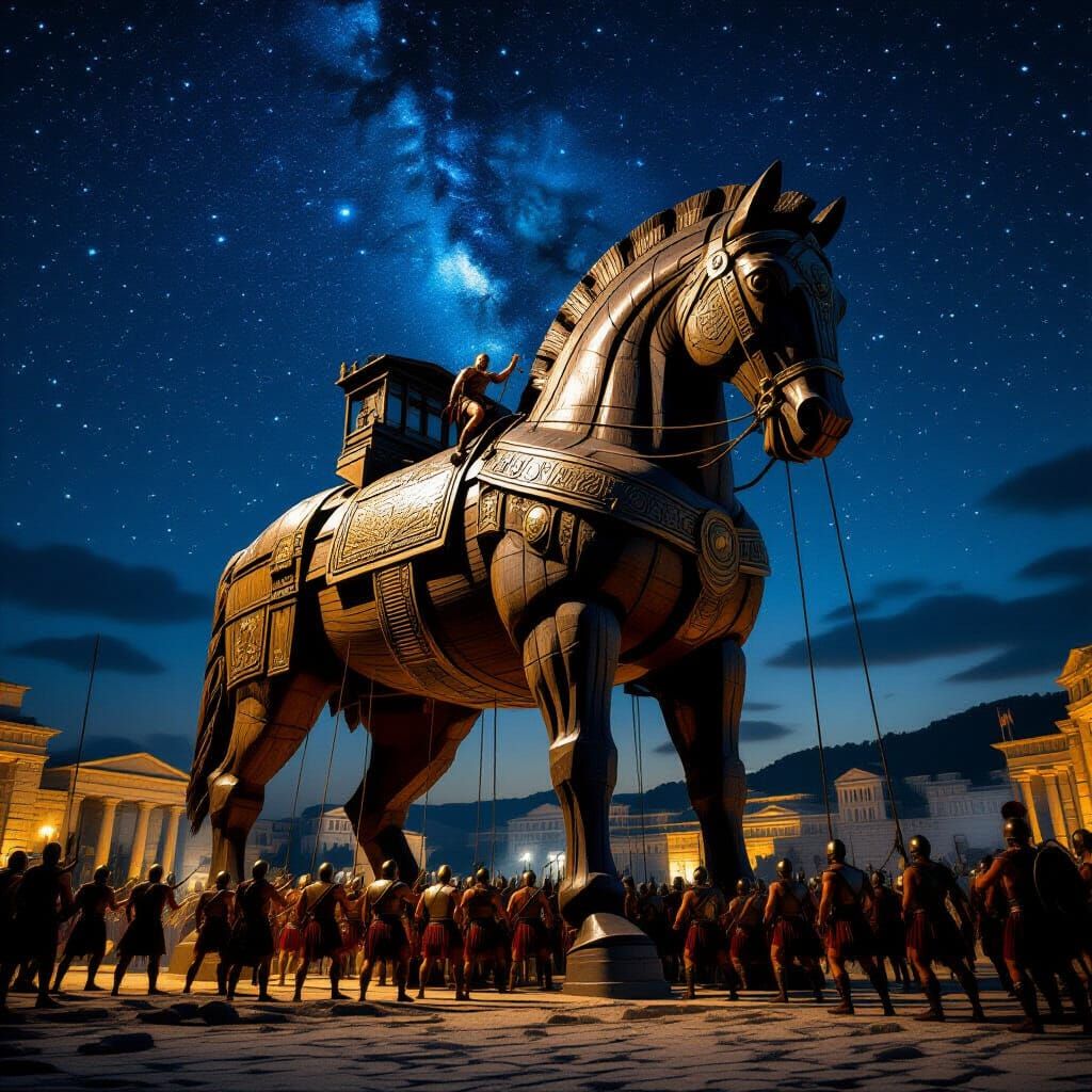 Trojan Horse at Night: Soldiers Descend