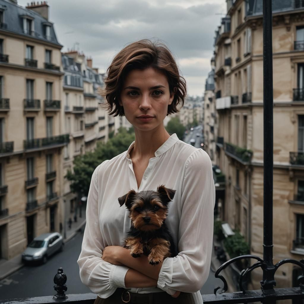 Italian Woman with Terrier in Dark Room, Paris View