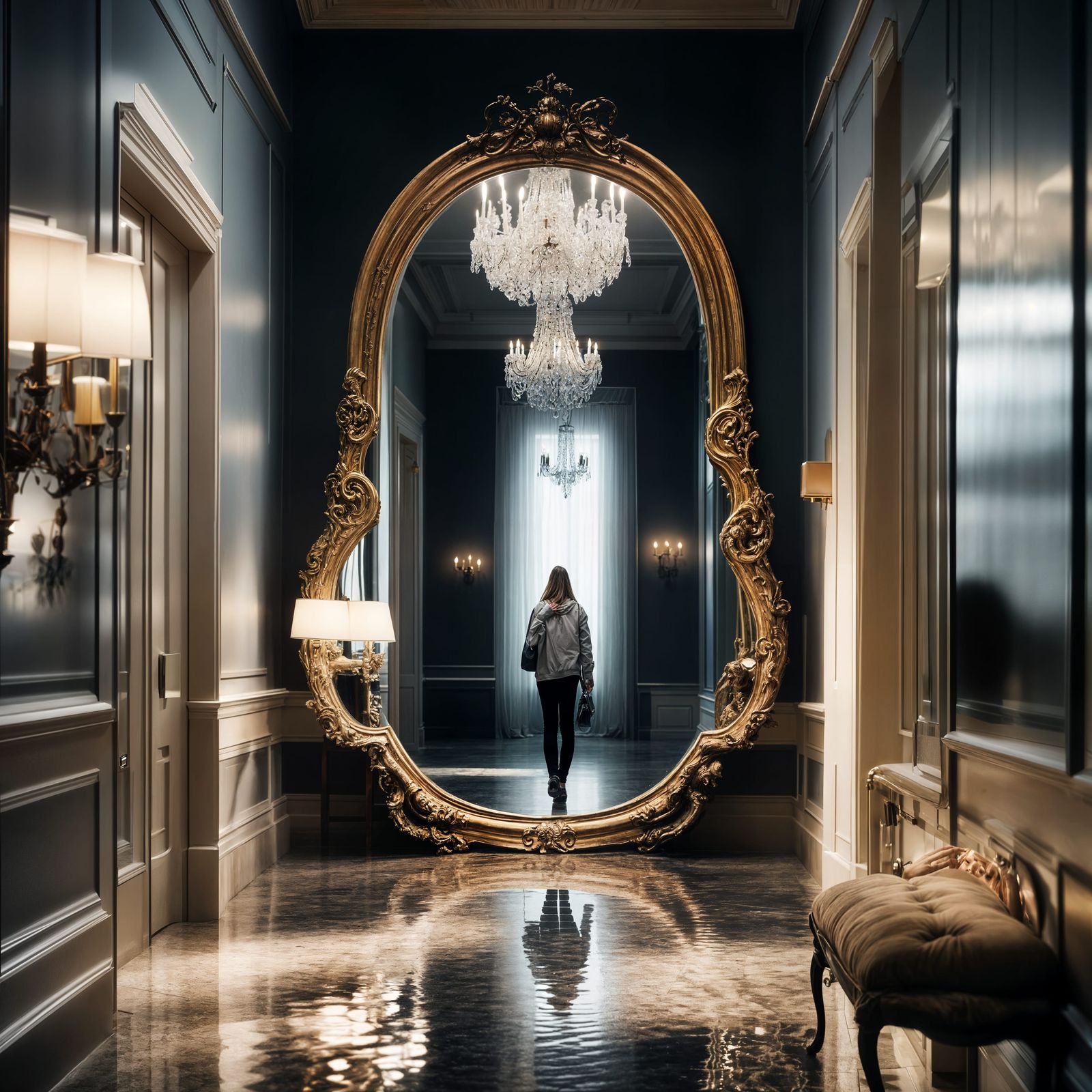 Hallway Mirror with Distorted Reflection in Hyperrealism