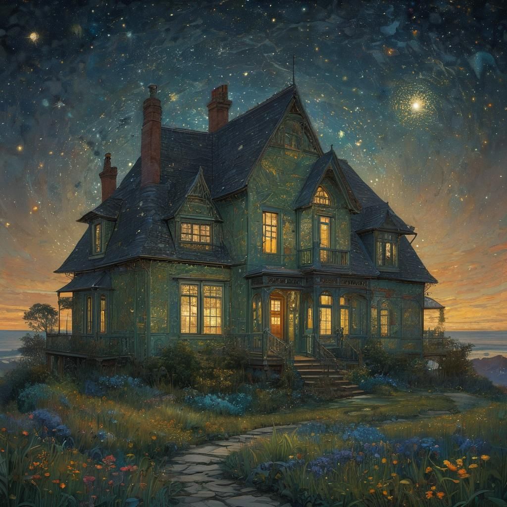 Dreamy Star Map House, Surreal Digital Art