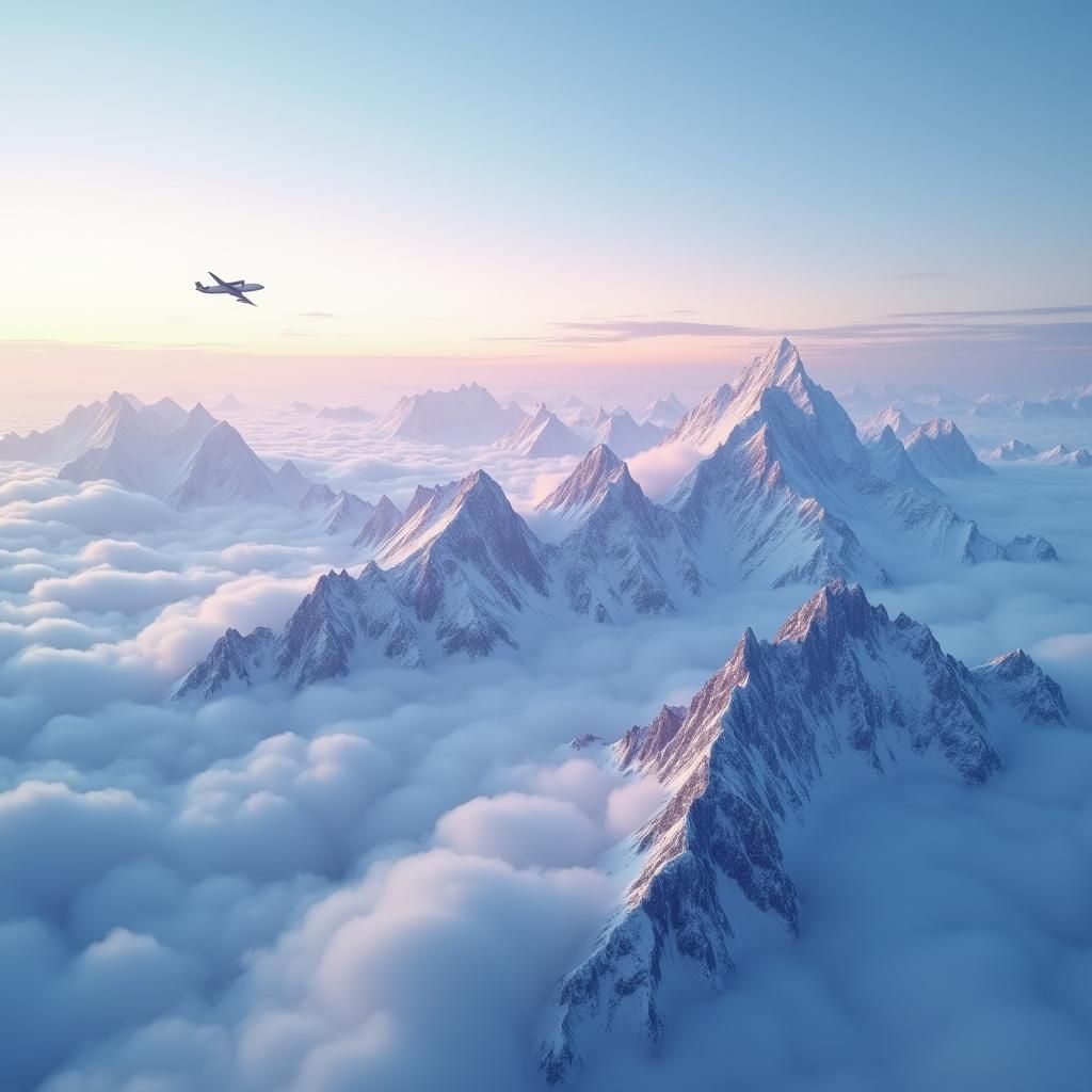 Snowy Mountains with Airplane in Atmospheric Landscape