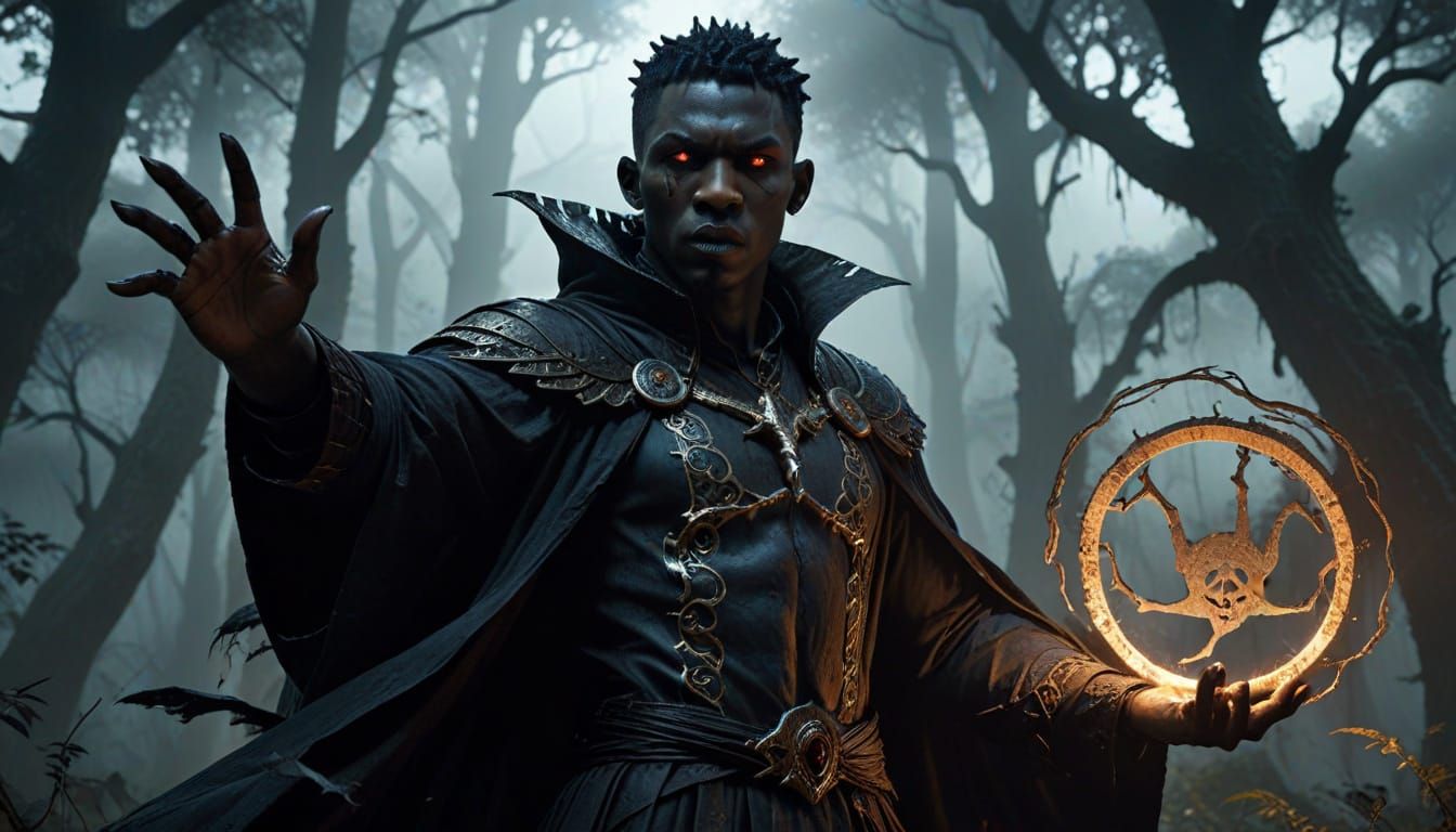 African Vampire Mage Summons Magic in Dark Forest
