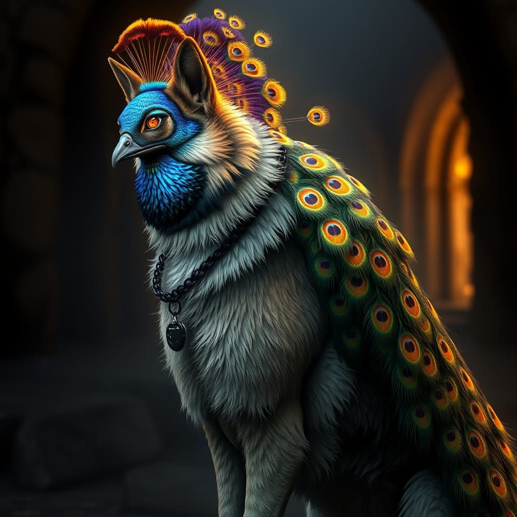Majestic Peacock German Shepherd in Dark Fantasy
