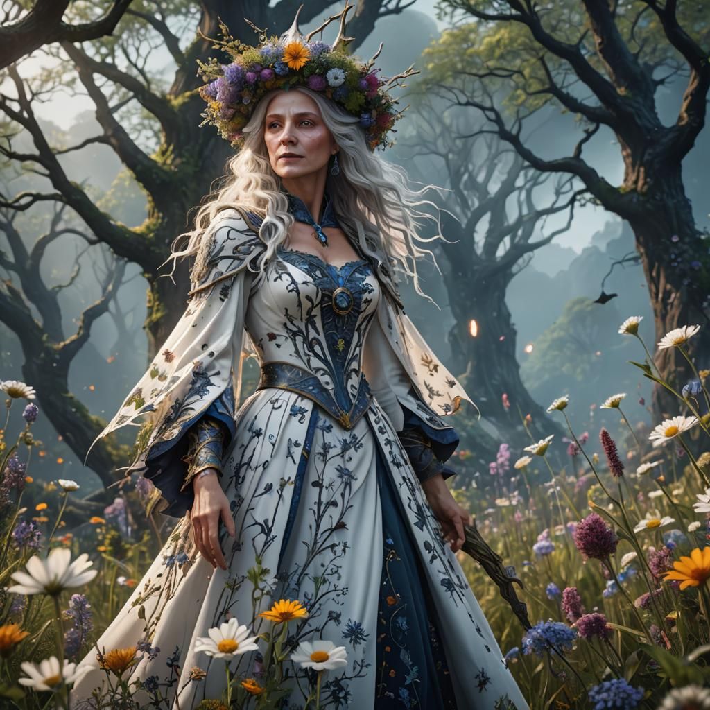 White Witch in Wildflower Dress: Fantasy Art