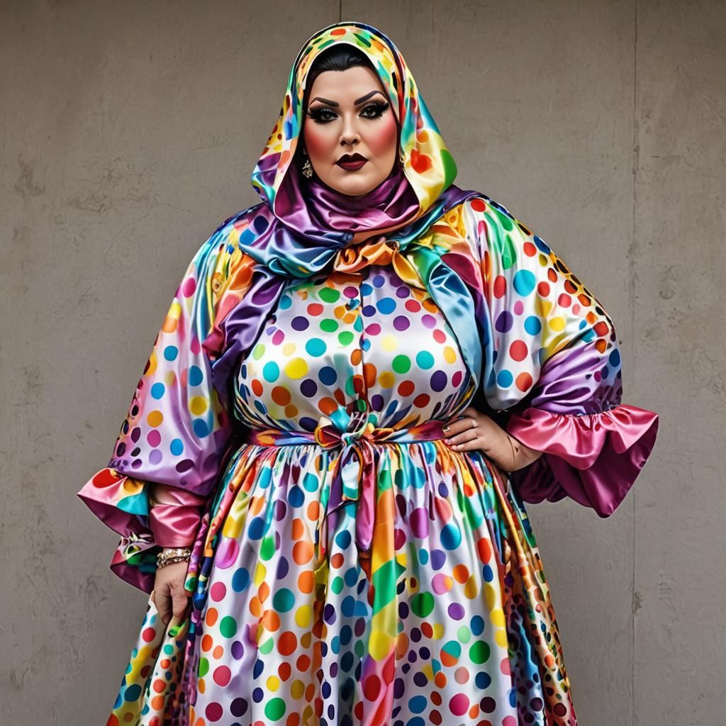 Ramadan Allover Gradient Rainbow Colour Polkadot Satin Print Hooded Kaftan, Elegant Long Sleeve Gradient Rainbow Colour ...