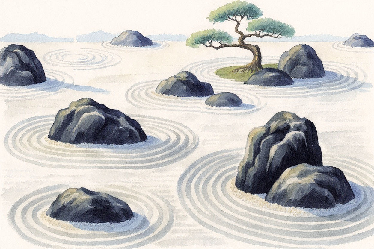 Serene Zen Garden in Japanese Ink Wash Style