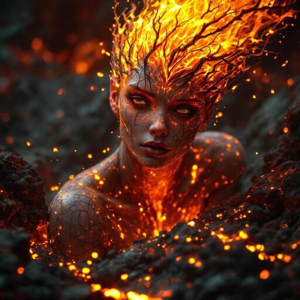 Fire Fairy with Molten Lava Skin in Hyperrealistic Style