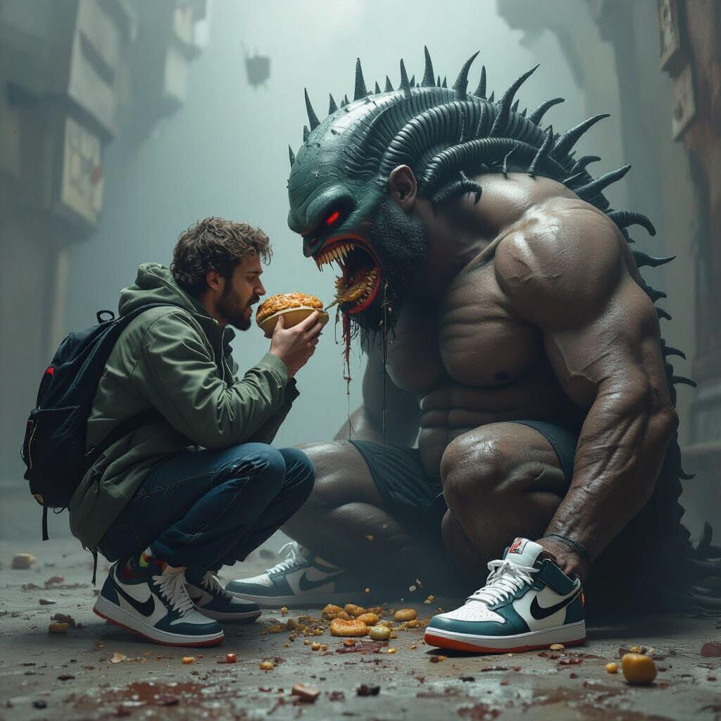 Surreal Scene of Consumption in Gritty Surrealist Style