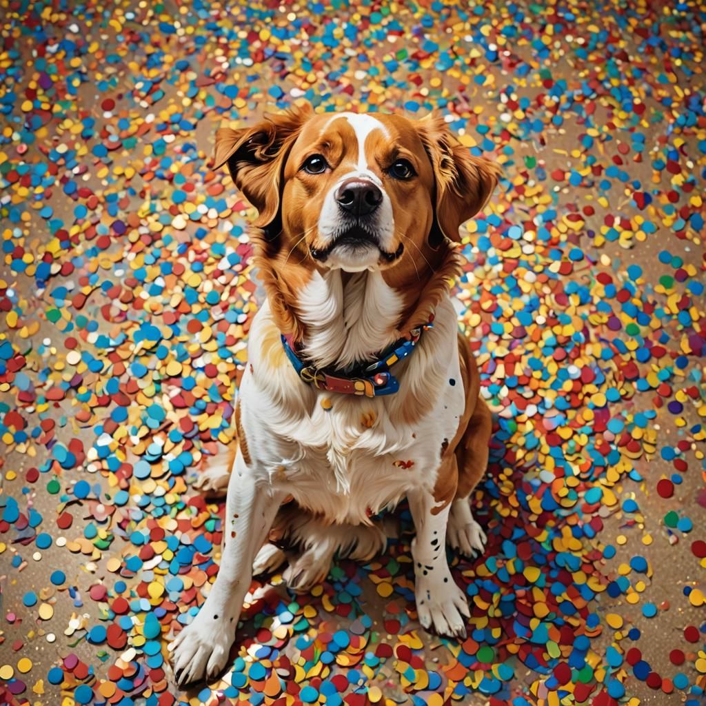 Pop Art Dog with Confetti and Golden Glow