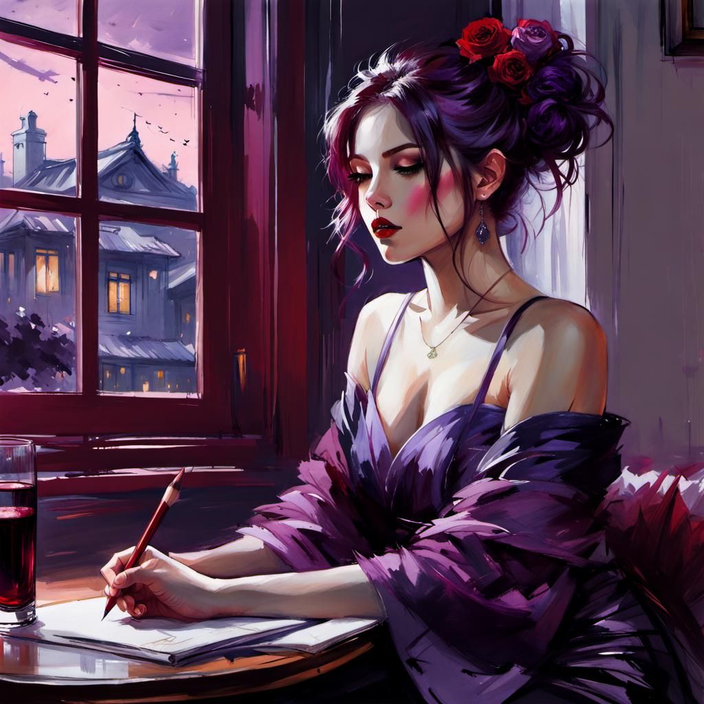 Beautiful Woman with Purple Hair in Pencil Sketch