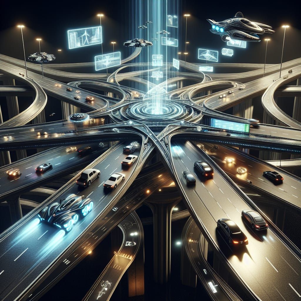 Futuristic 4D Highway Interchange with Holographic Signs