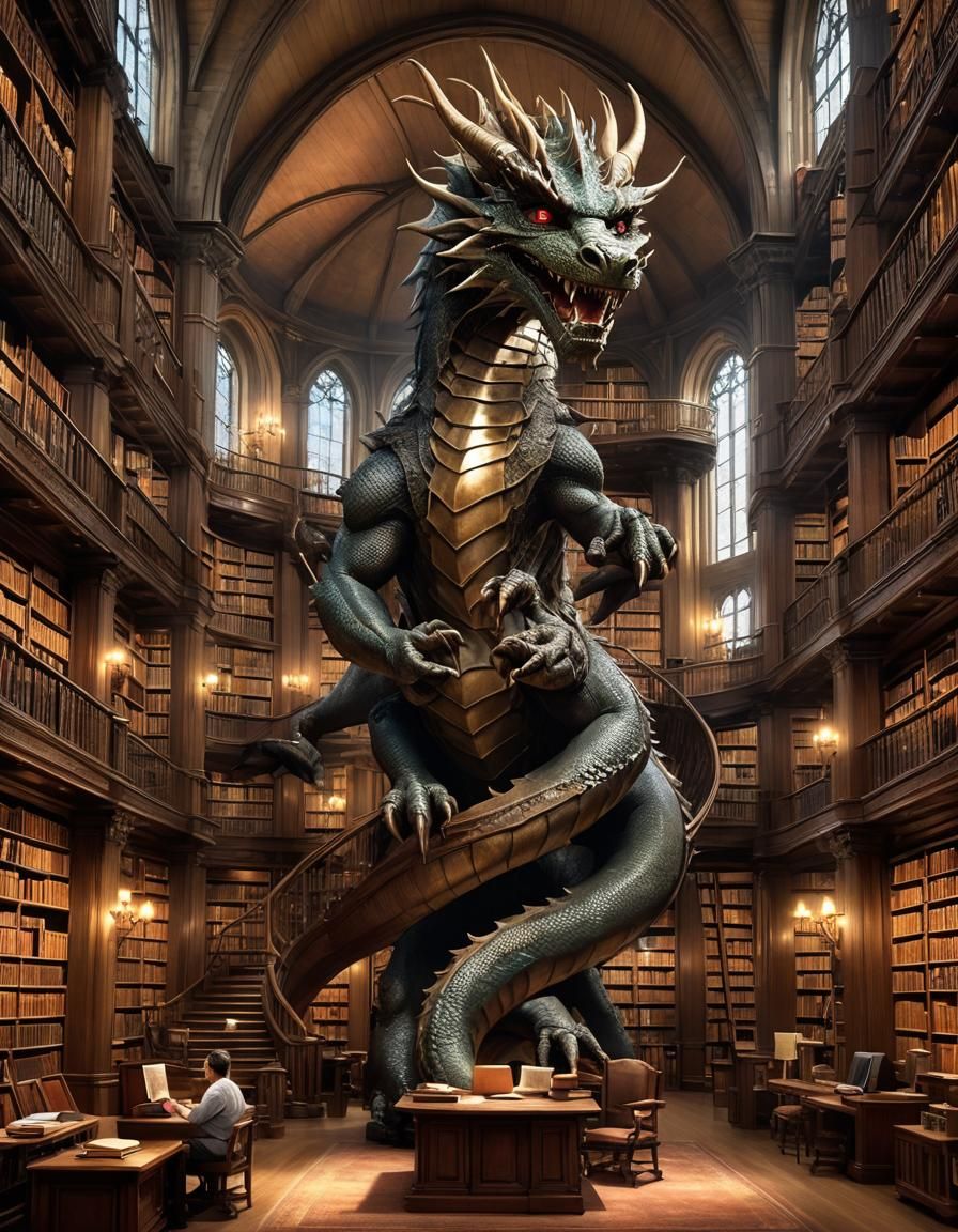 Dragon Librarian Casting Spells in Tower Library