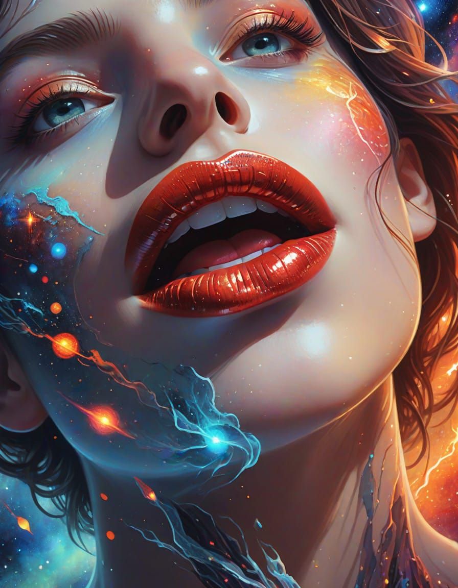 Beautiful Woman with Red Lips, Colorful Pencil Sketch