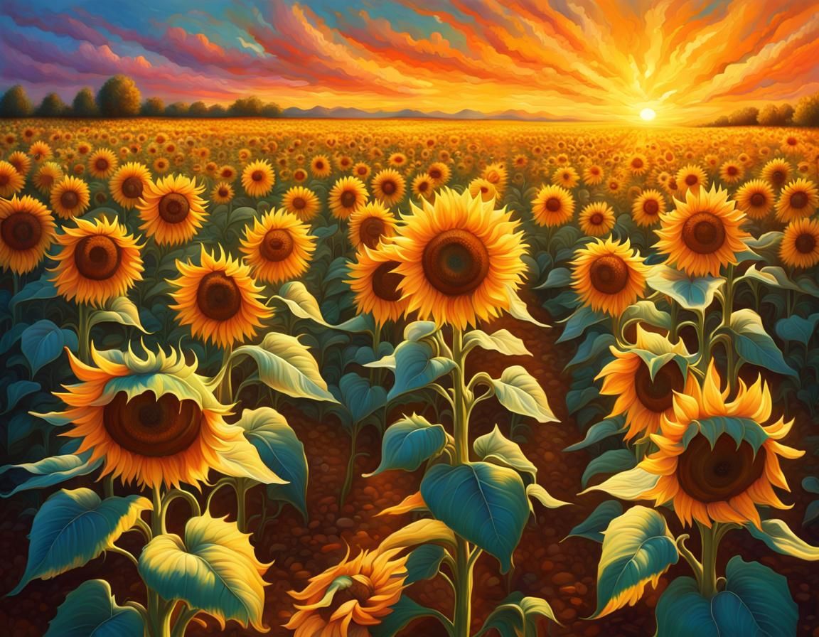 Lush Sunflower Field at Sunset: Hyperrealistic Oil Painting