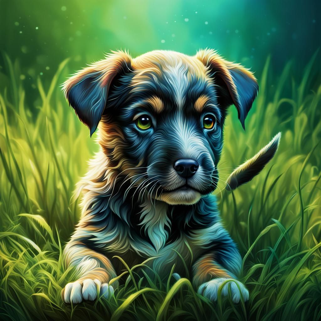 Hyperrealistic Puppy Scene with Colorful Background