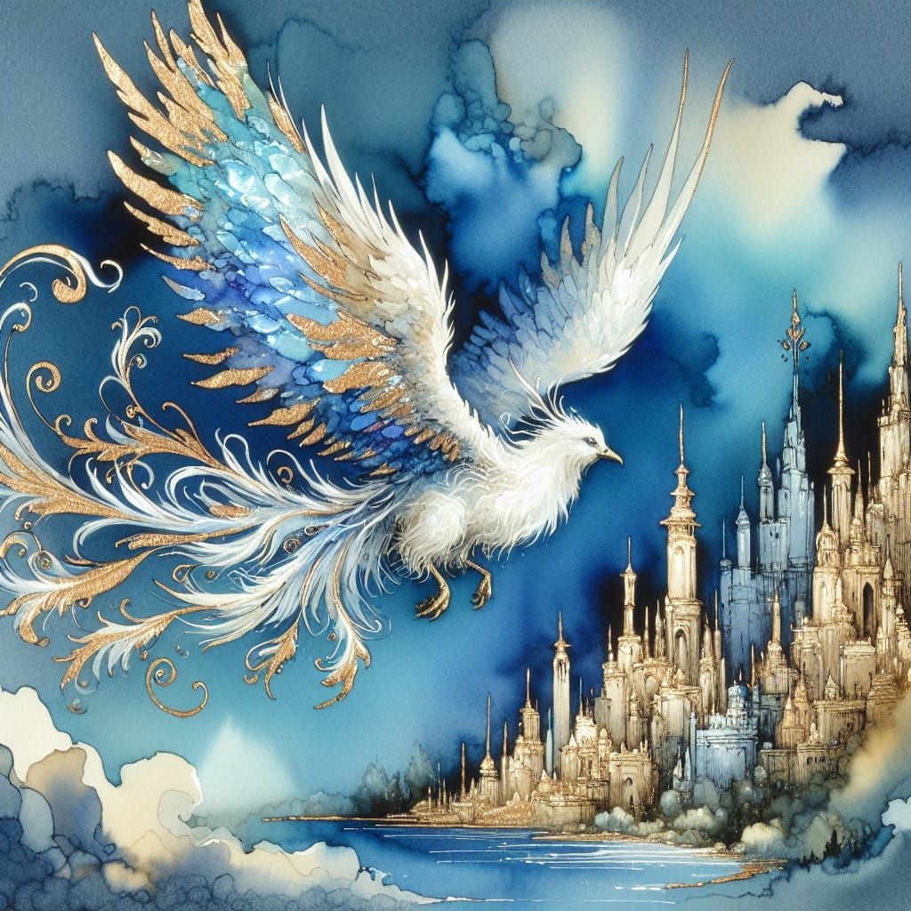 Majestic White Bird Soars Above Enchanted Kingdom in Waterco...