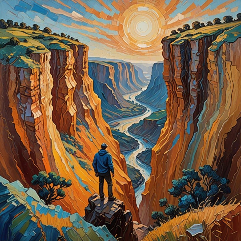 Figure Overlooking Vast, Swirling Vortex in Neo-Impressionis...