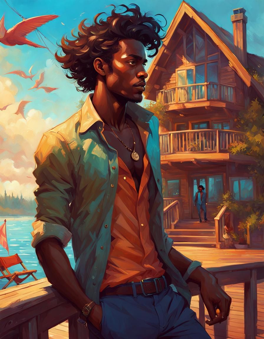 Man on Lake House Patio in Painterly Style