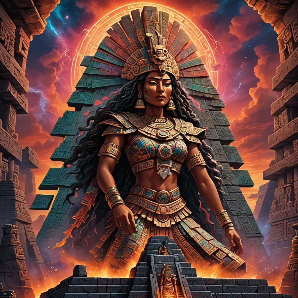 Cyberpunk Aztec Woman on Pyramid in Anime Style