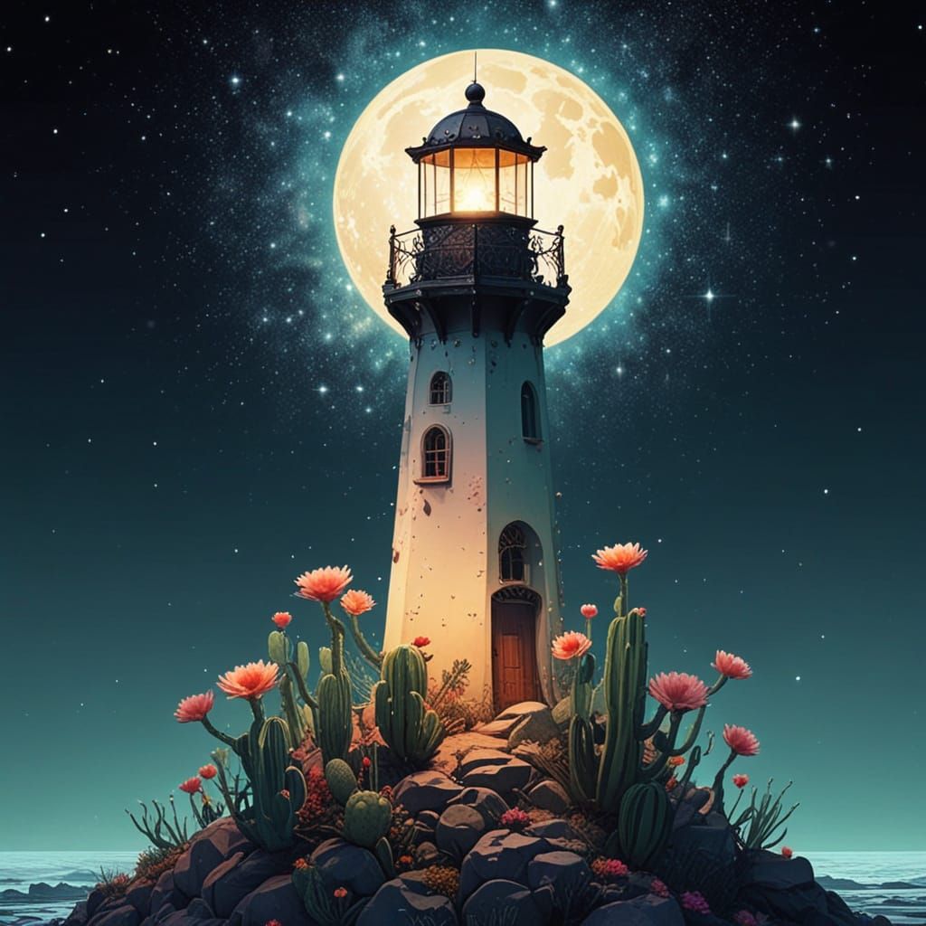 Starry Cactus Under Crescent Moon, Anime Style