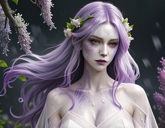 A wet lilac vampiric looking beautiful, druid woman, with li...
