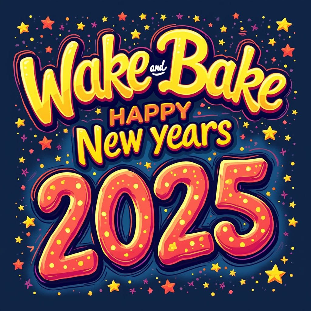 Vibrant Wake and Bake Happy New Years 2025 Comic Book Typogr...