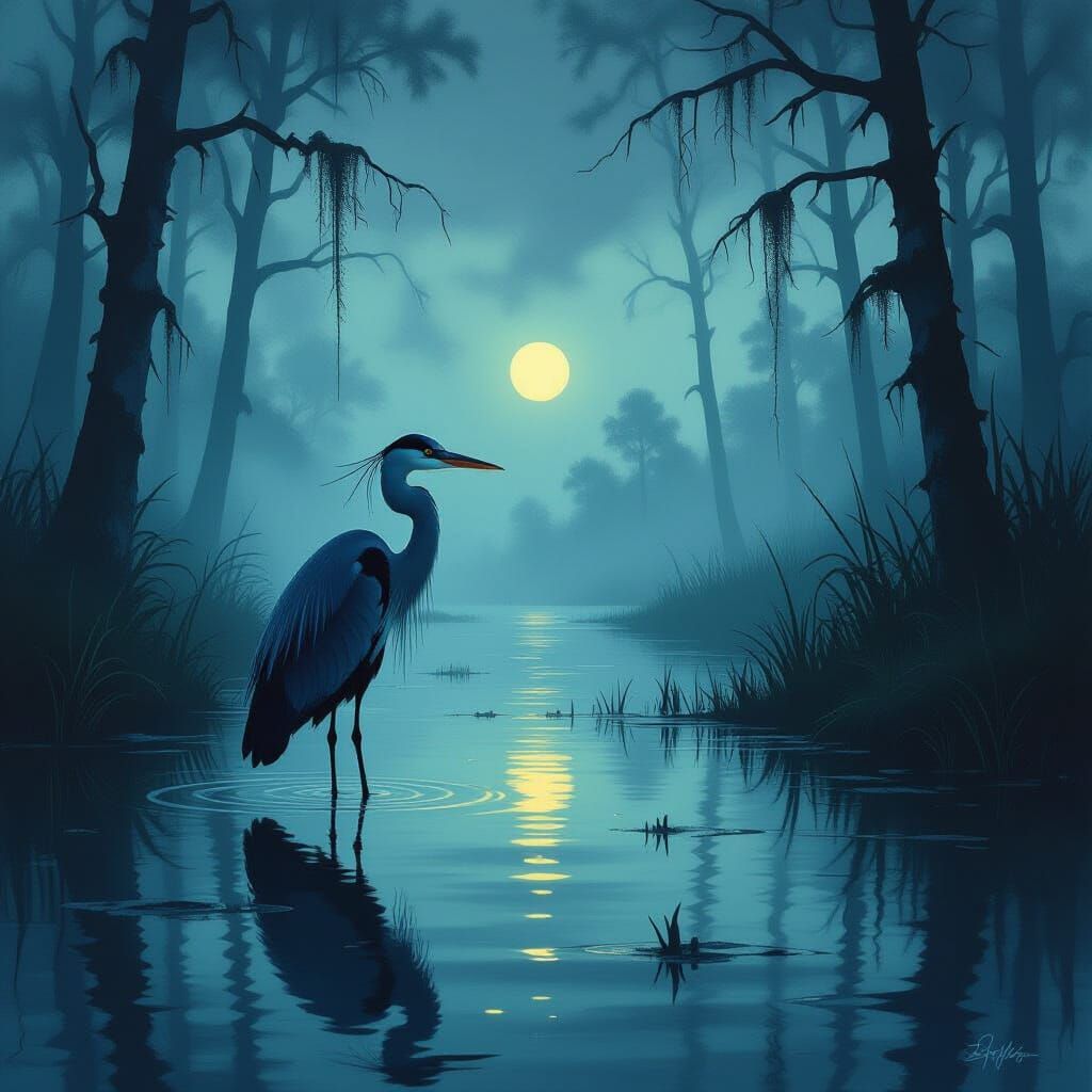 Misty Swamp Heron at Twilight in Surreal Style