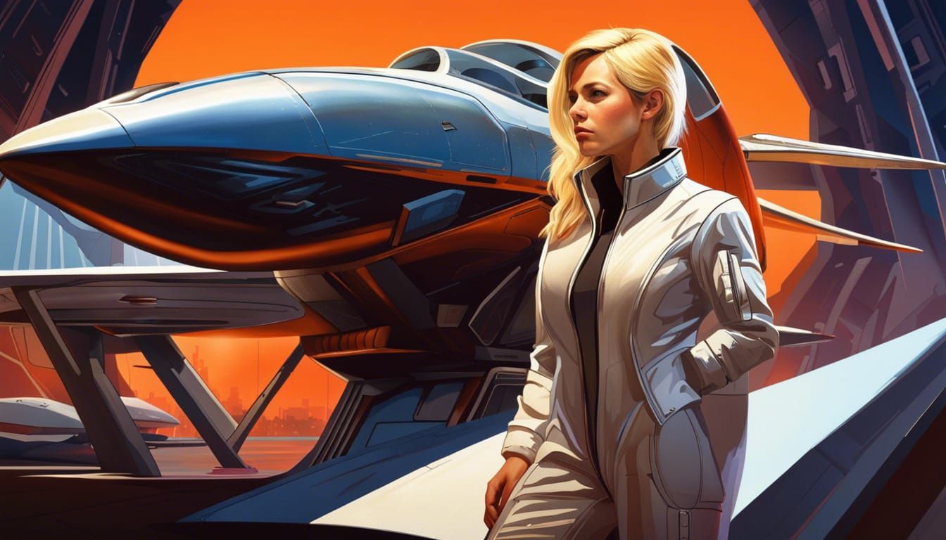 Woman by Futuristic Rocket, Syd Mead Style