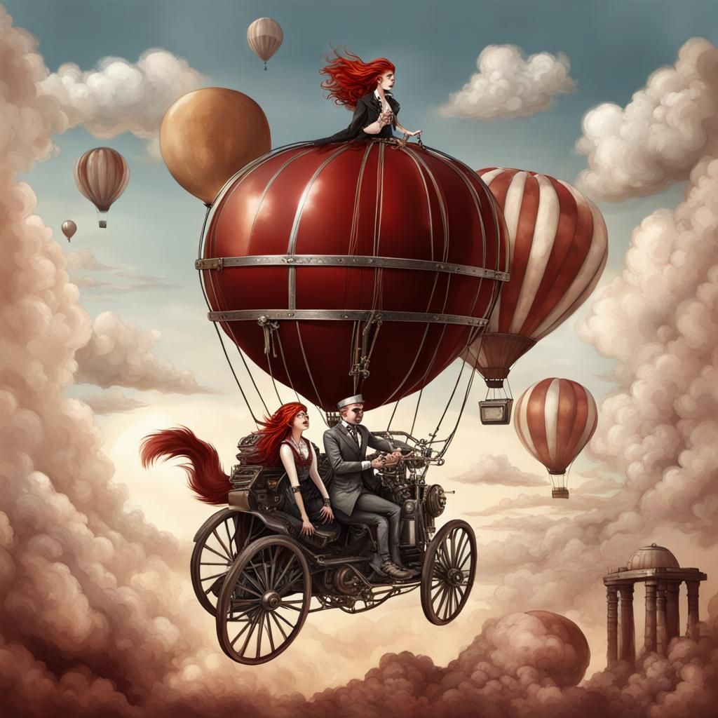Girl, Fox and Hot Air Balloon on Venus in Steampunk Style