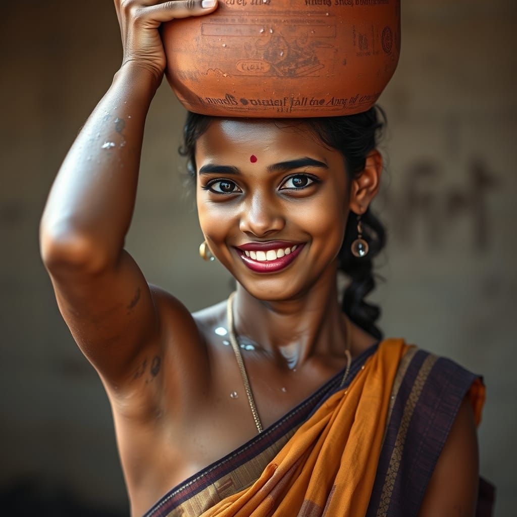 Young Woman in Indian Saree Holds Clay Water Pot