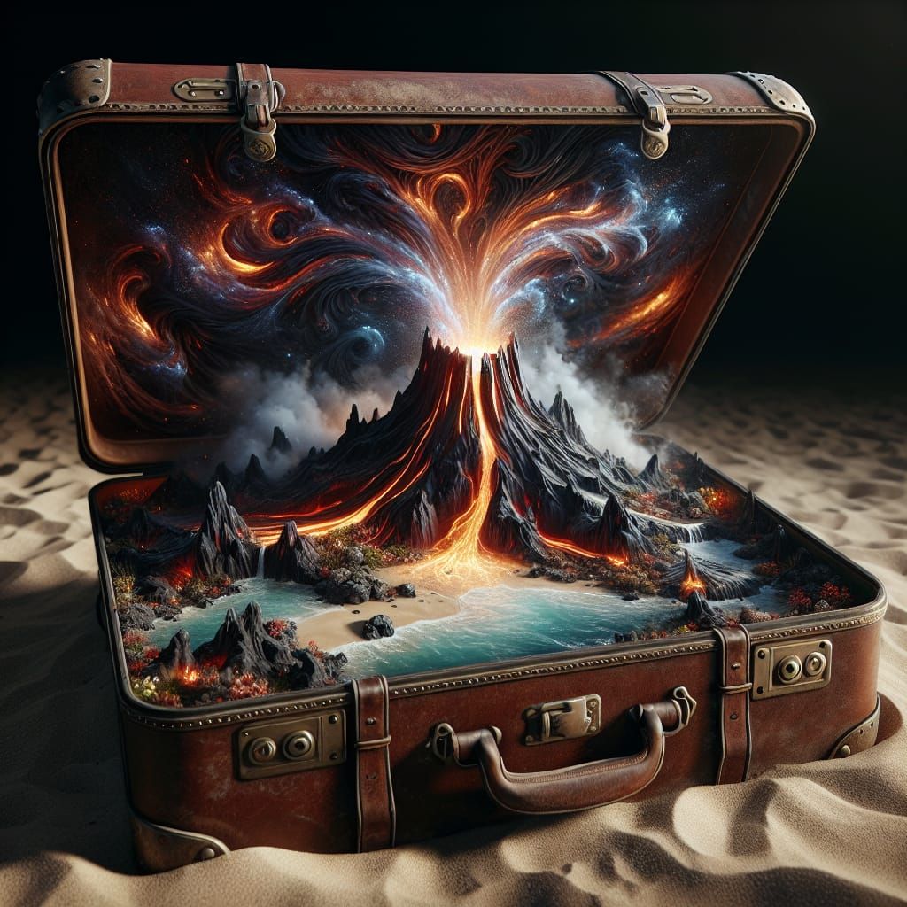 Miniature Volcano Erupts in Vintage Suitcase on Beach