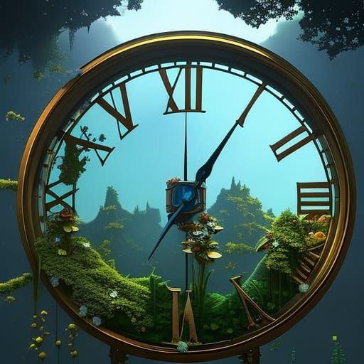 Clock with Flowers, Butterfly, and Celestial Background