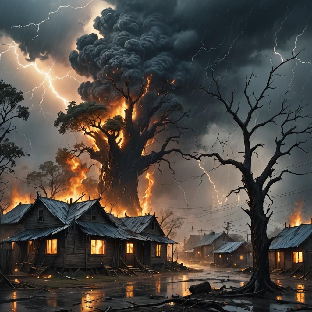 Stormy Village Concept Art: Lightning Strikes Tree