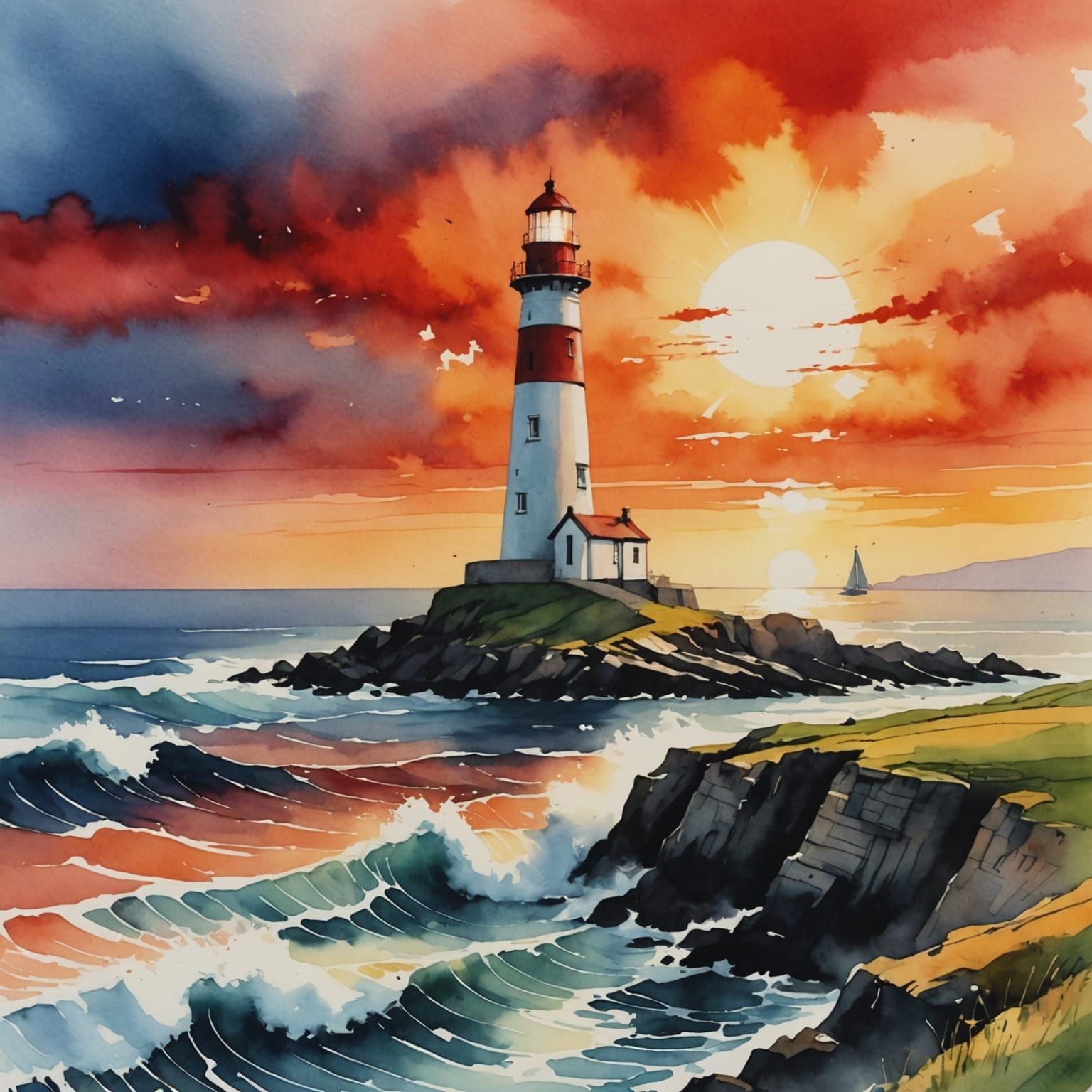 Epic Lighthouse Sundown at Stormy English Coast in Vibrant W...