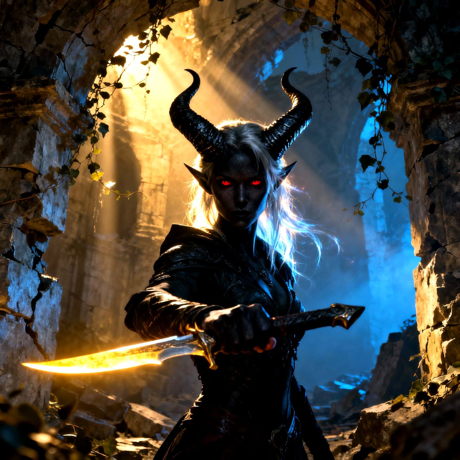 Tiefling Rogue in Ethereal Light Among Ruins