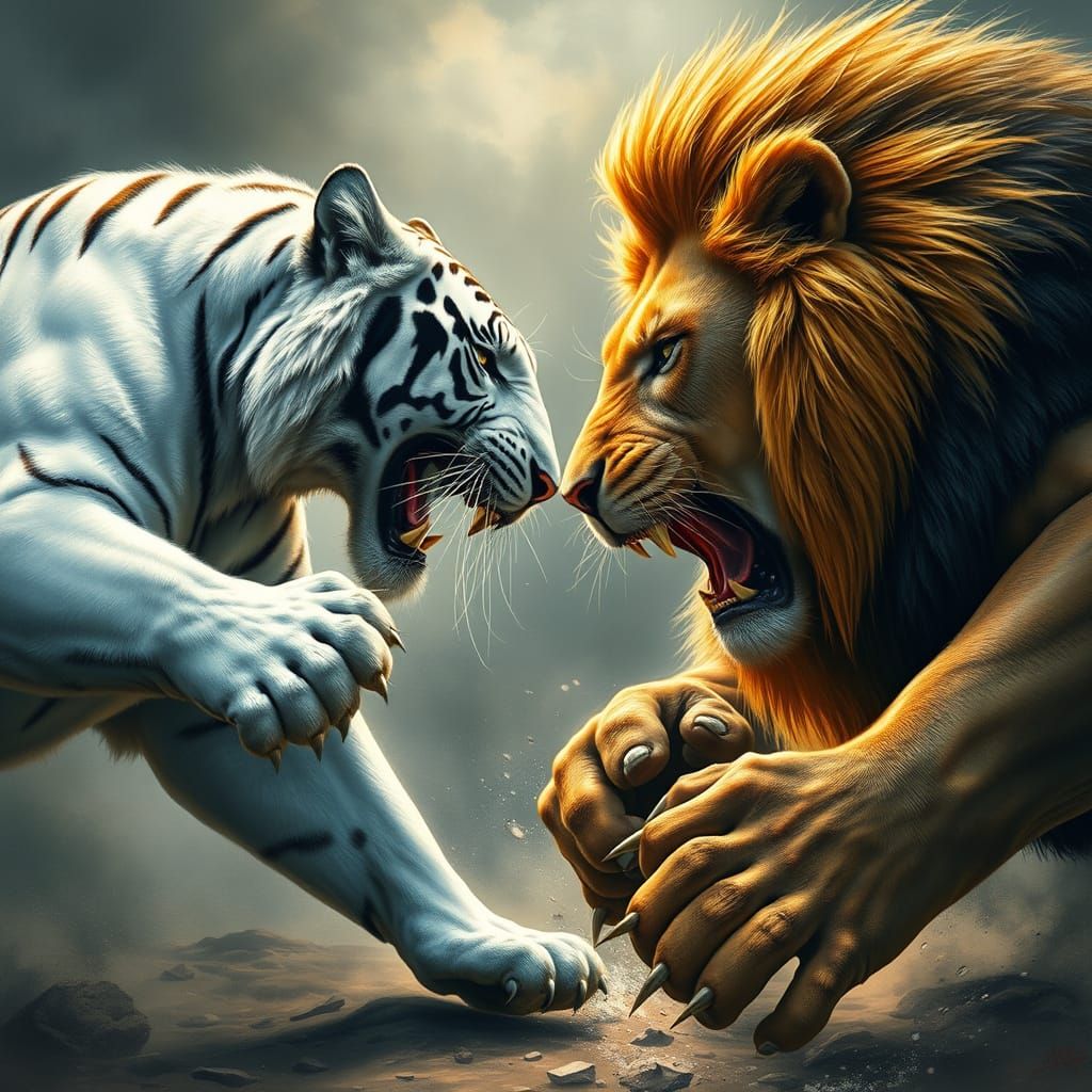 Majestic White Tiger and Lion Engage in Epic Battle