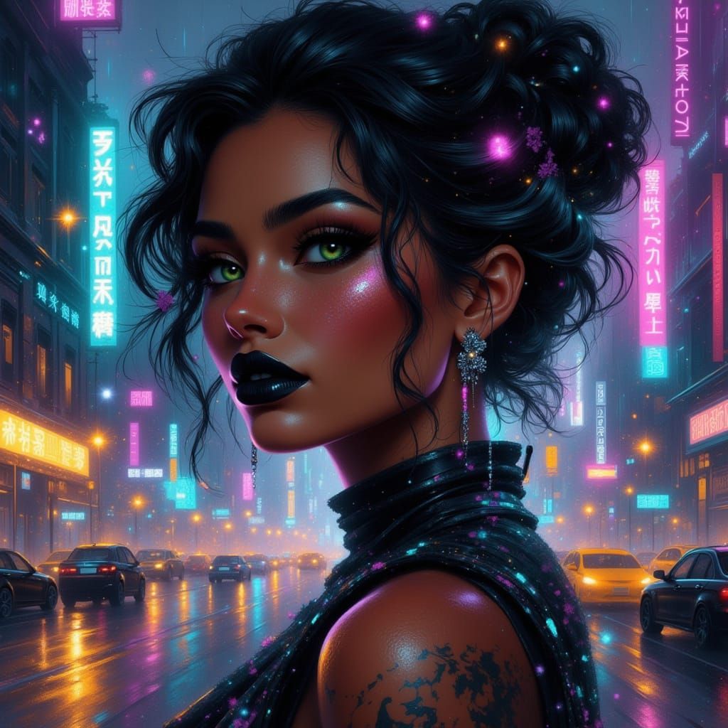 Cyberpunk Portrait of Woman Merged with Neon City