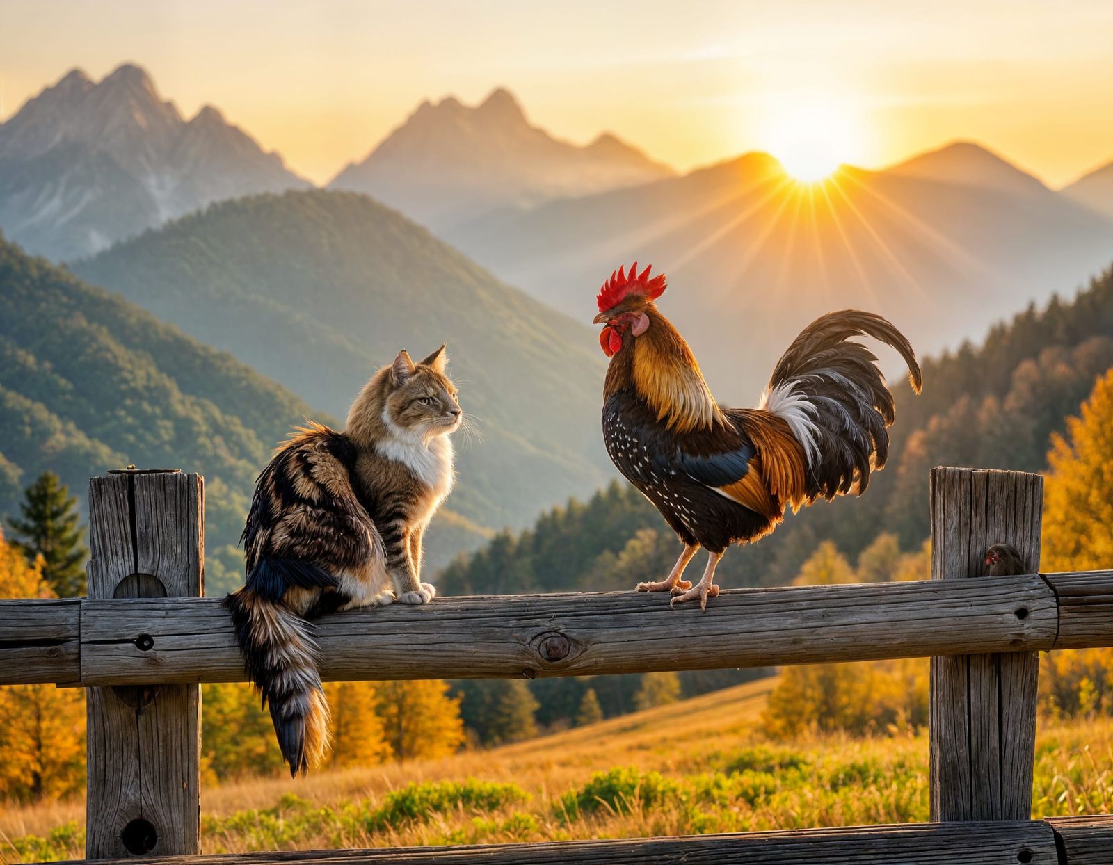 Cat and Rooster on Fence at Sunrise